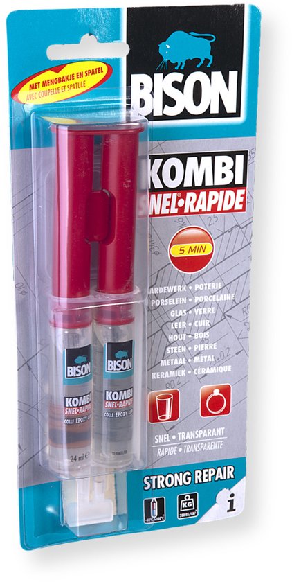 Bison Kombi Plastic Blister 25 ml, super sterk, vullend, 2-componentenlijm, inclusief mengbankje en mengspatel, temperatuurbestendig van - 40°C tot + 120°C