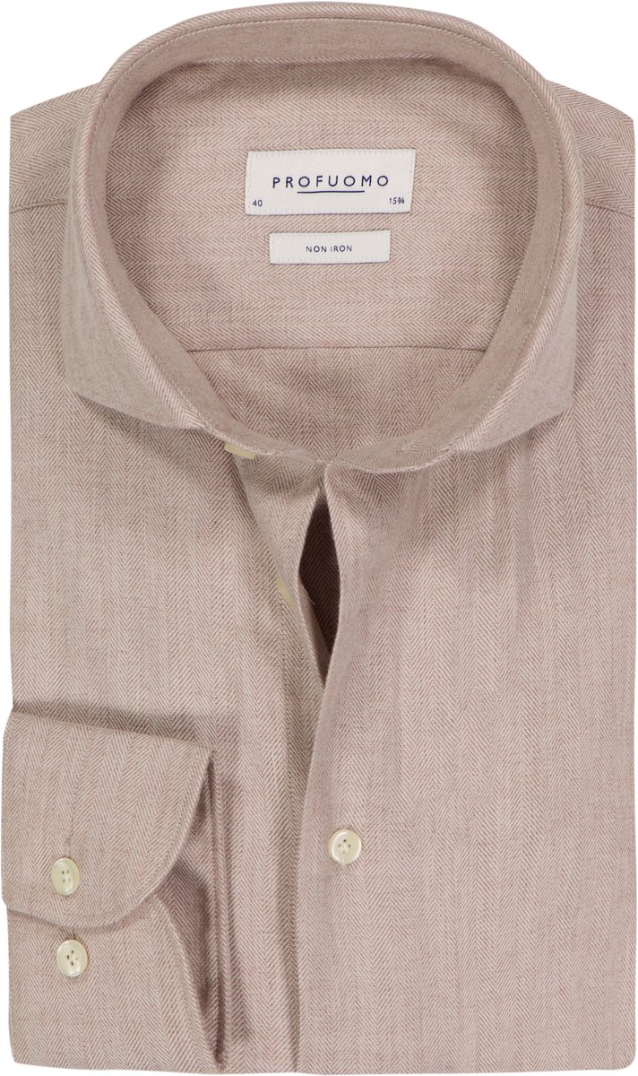 Profuomo slim fit heren overhemd - herringbone - beige - Strijkvriendelijk - Boordmaat: 44