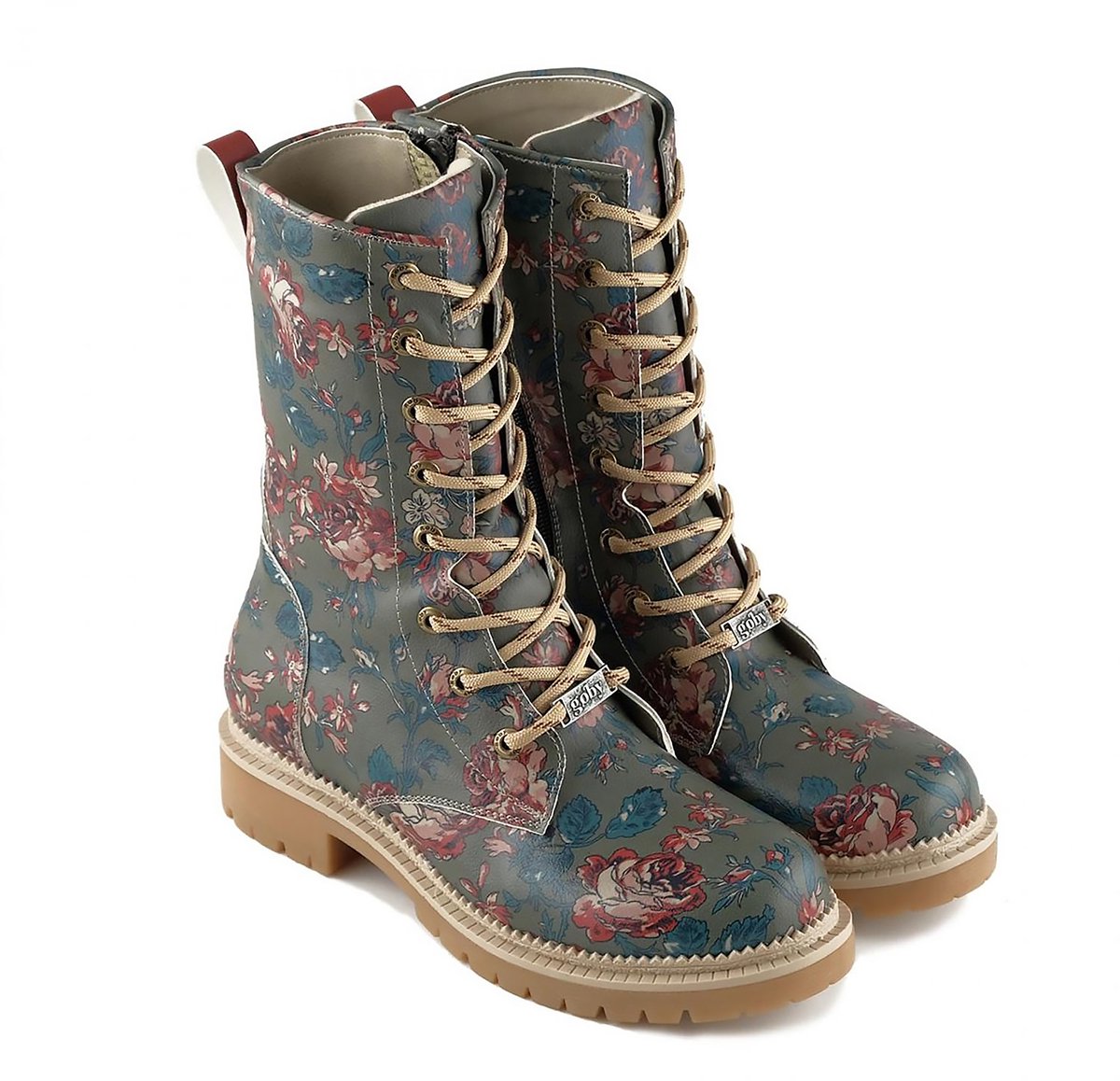 GOBY Vintage Floral Dames Veterboots Handgemaakt Vegan Leer