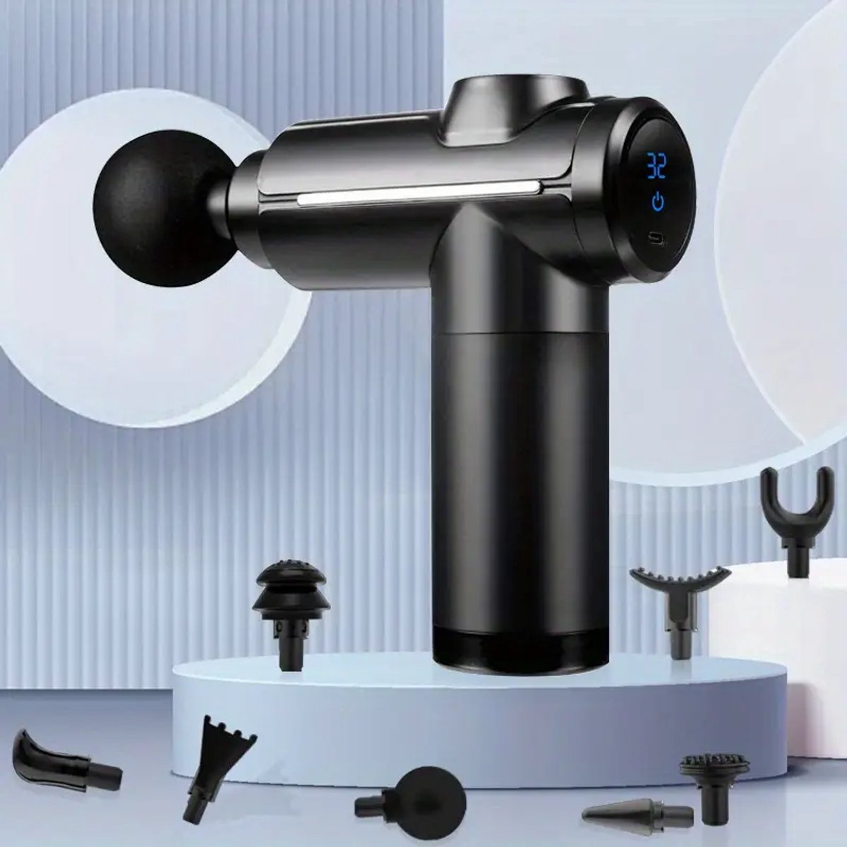Afbeelding 3 van De spiermassage gun is een stille deep tissue impact massager, speciaal ontworpen voor sporters. Hij is uitgerust met 32 snelheidsinstellingen, 8 massagekoppen, een lcd-touchscreen en een handzaam ontwerp.