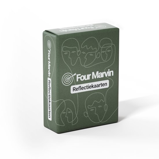 Groen doosje 'Reflectiekaarten' van Four Marvin met gezichtsillustraties.