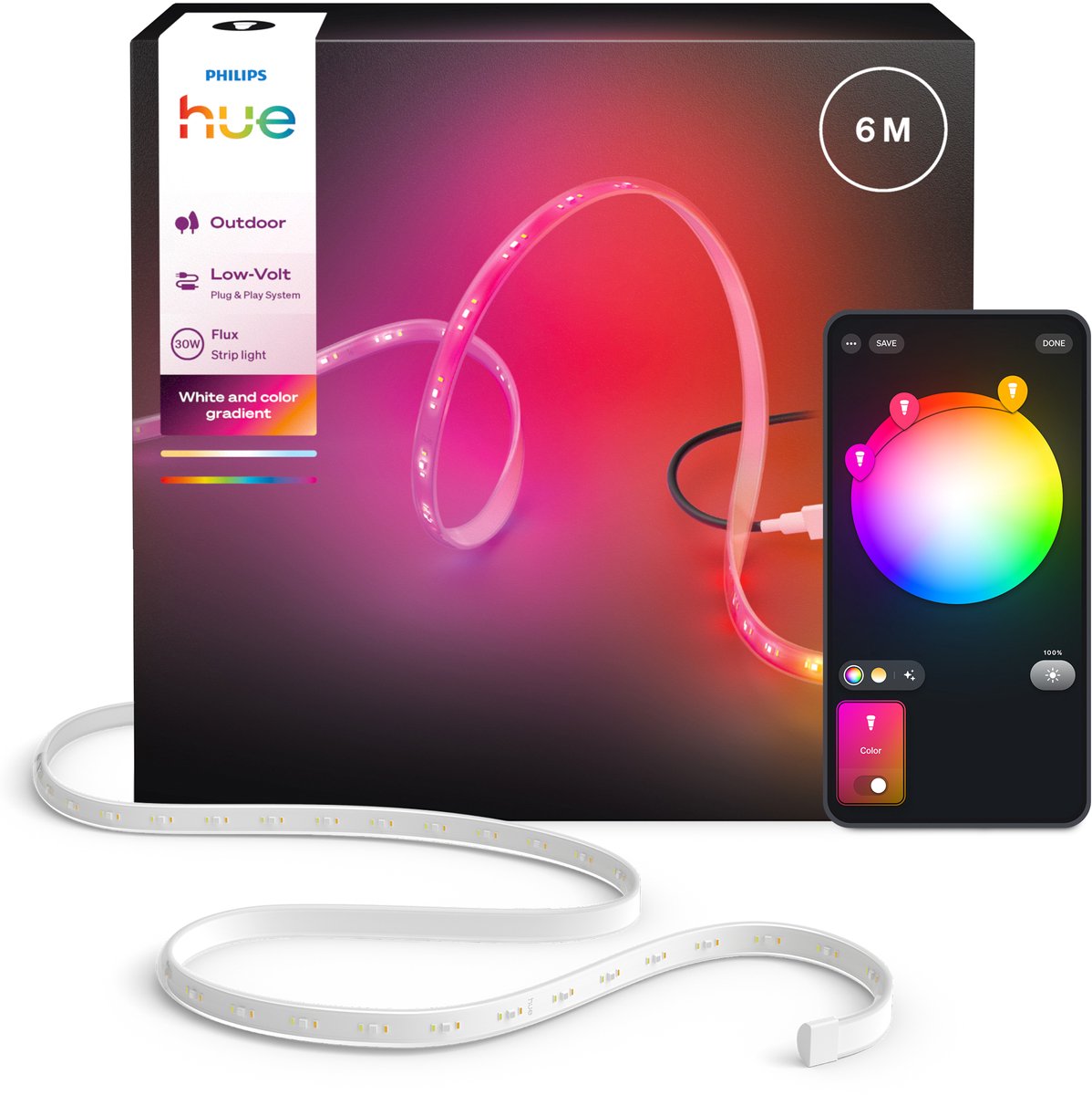 Philips Hue Flux LED strip voor buiten 6 m, Nauwkeurige kleurovergangen van Chromasync™ Helder, echt wit licht 3000 lumen
