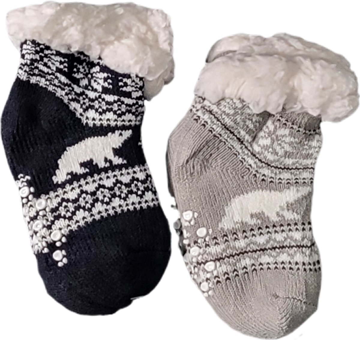 Baby - Huissokken - Antislip - Gevoerd - Set van 2 paar - Huissokken - Unisex - kinderen - Warme wintersokken - Kleur Donkerblauw/Lichtgrijs/Wit - Maat 0 t/m 12 maanden - Kerst - Cadeau