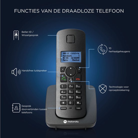 Zwarte Motorola C4201 draadloze telefoon op lader, functies worden uitgelicht.