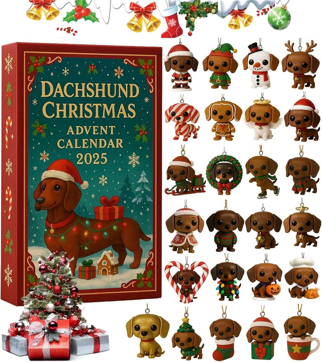 Teckel Kerst Adventskalender 2025 - 24-daagse Kerst Aftelkalender - Met Verschillende Hondenversieringen - Vakantie Aftelkalender - Kerstcadeau Home Decor Box Thema Verrassing