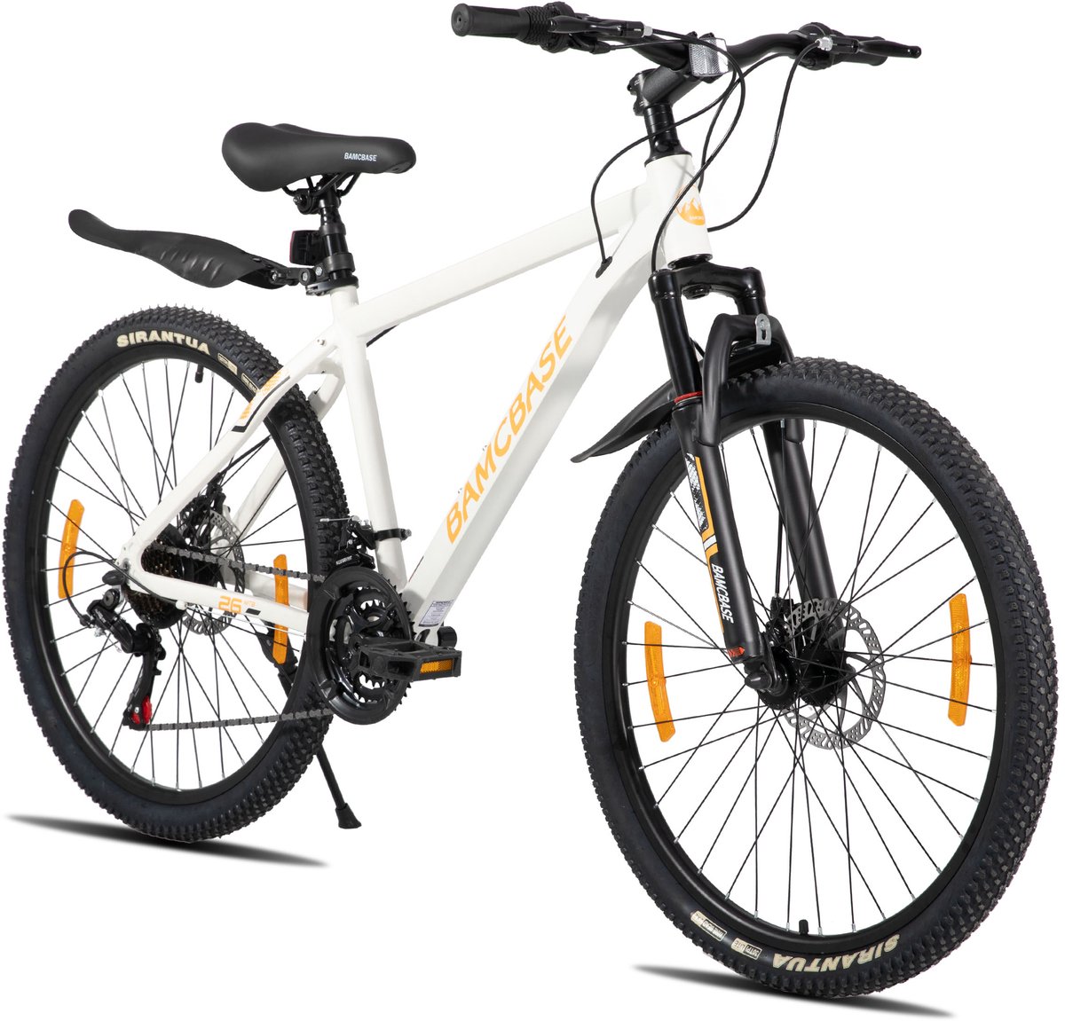 Bamcbase Sedona voorvering mountainbike - 27.5" - aluminium frame - 21 versnellingen - handrem - mechanische schijfremmen - Bell - spatborden - wit - Geschikt voor buitenactiviteiten in de lente