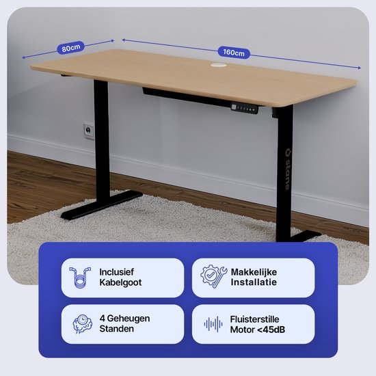 Stane Zit Sta Bureau Elektrisch Verstelbaar - 4 Geheugen Standen - Incl. Kabelgoot - 160 x 80 cm - Eiken