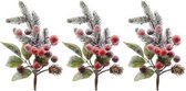 3x Kerststukje stekertjes met bessen en sneeuw groen/rood 20 cm
