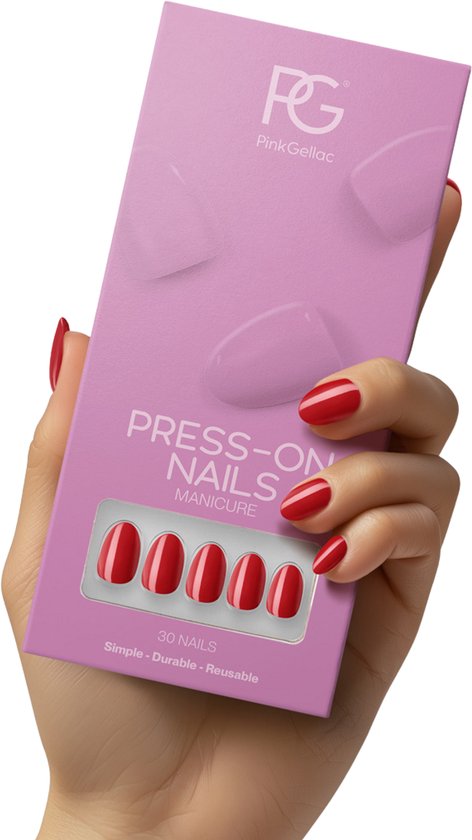 Pink Gellac Press On Nails - 109 Lipstick Red - Round Small Plaknagels - 30 Press On Nagels Met Lijm, 30 Plakstickers, Cleaner Wipe, Nagelvijl, Woodstick en Size Matcher - Snel Aan Te Brengen Plak Nagels Kort - Voor 7-14 Dagen Mooie Nagels