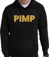 PIMP goud glitter tekst hoodie zwart heren - zwarte glitter sweater/trui met capuchon L