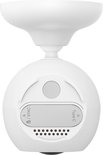 Onderkant van een witte bolvormige HomeBase met Sync en Type C aansluitingen, bevestigd aan plafondhouder.