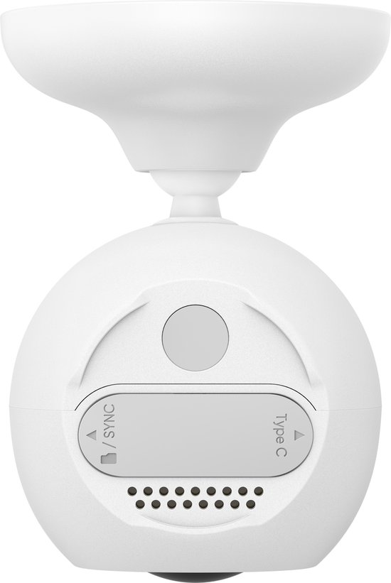 Onderkant van een witte bolvormige HomeBase met Sync en Type C aansluitingen, bevestigd aan plafondhouder.