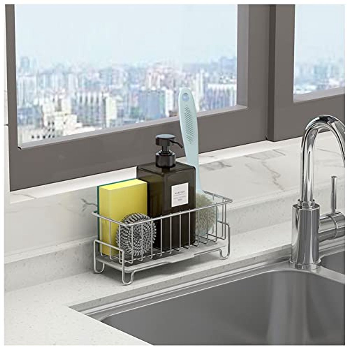 Aanrecht Caddy Organizer voor Keuken en Badkamer - Sponshouder met Afvoerpan van RVS