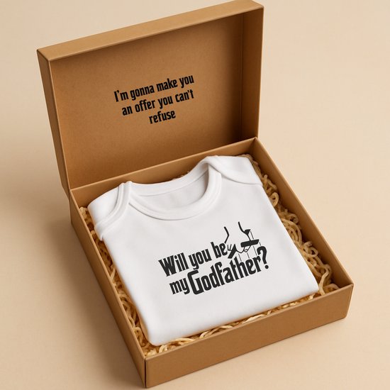 Wit rompertje met de tekst 'Will you be my Godfather?' in een luxe cadeaudoos, met dekseltekst 'I'm gonna make you an offer you can't refuse'.