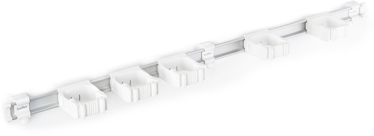 Toolflex Bezemhouder en Tuingereedschap Ophangsysteem - Geschikt voor Ø15-35 mm Gereedschappen - Aluminium rail - 94cm - Incl. 5 gereedschapshouders en montagemateriaal - Wit