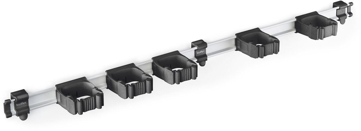 Toolflex Bezemhouder en Tuingereedschap Ophangsysteem - Geschikt voor Ø15-35 mm Gereedschappen - Aluminium rail - 94cm - Incl. 5 gereedschapshouders en montagemateriaal - Zwart