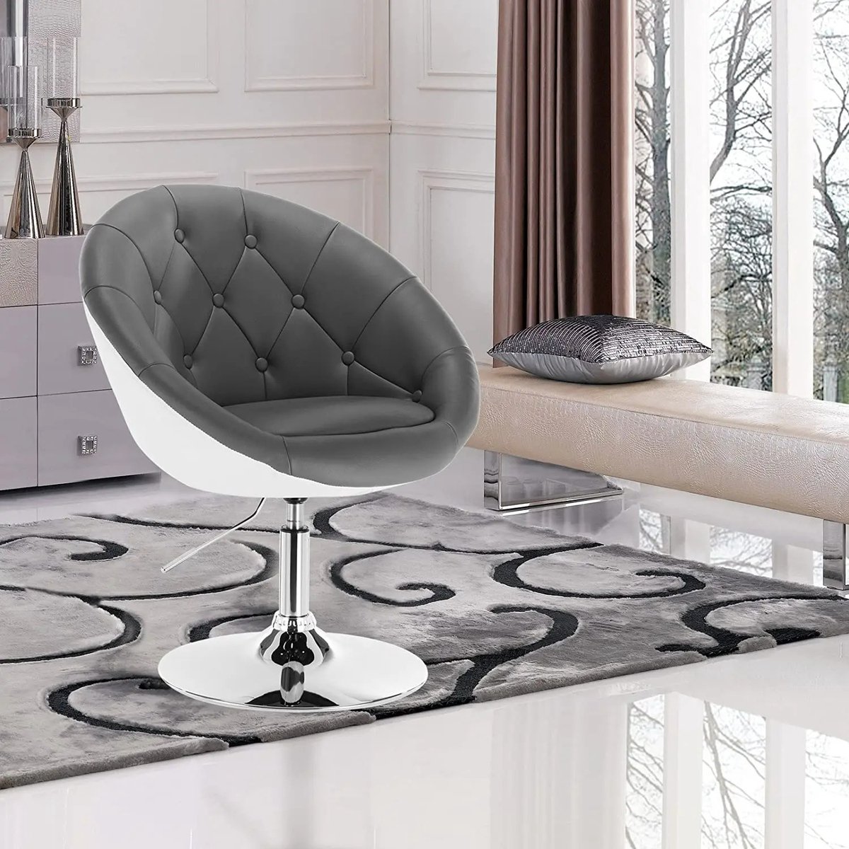 Cozy Cottage® Draaibare Loungestoel met Armleuningen – In Hoogte Verstelbare Barstoel – Ergonomische Design Stoel voor Woonkamer, Bar & Keuken - Leder - Grijs, Wit