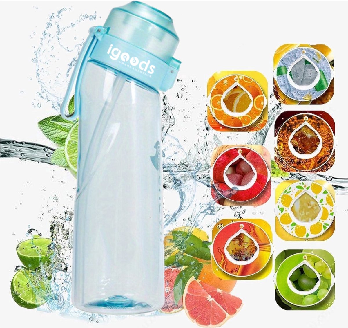 Igoods Drinkfles - Geurfles - Sportfles - Waterfles Met Smaak - Smaak Op Basis Van Geur - 650ML - BPA Vrij - Inclusief 7 Smaken - Blauw