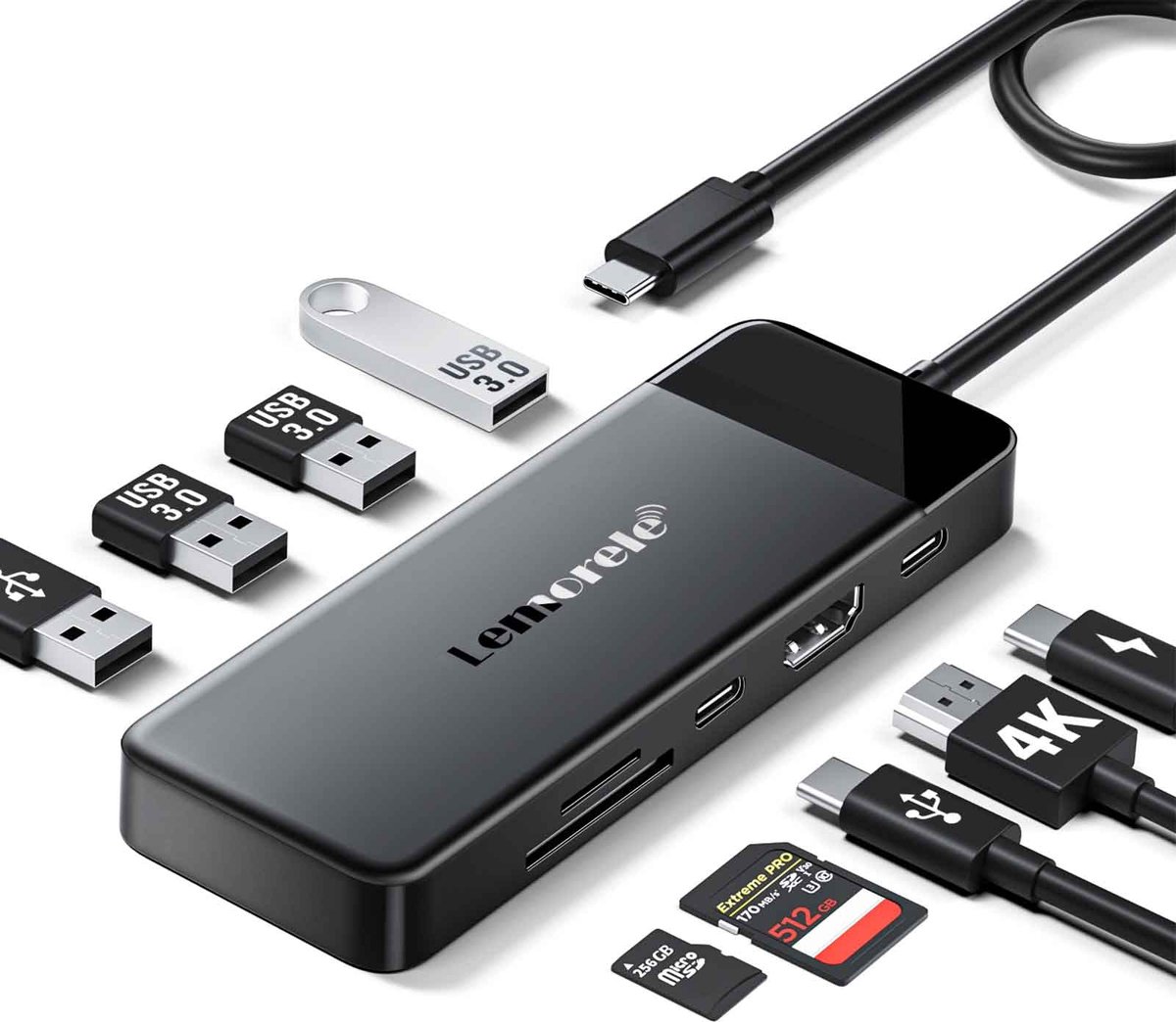 Lemorele TC92 – 9-in-1 USB-C Hub Multiport Adapter – 4K HDMI – 100W PD – 5Gbps USB 3.0 – SD/TF Kaartlezer