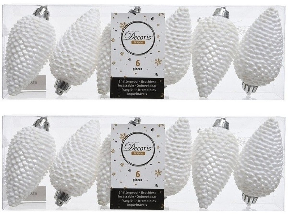 Decoris Kersthangers dennenappels - 12x st - wit - glitter - 8 cm - kunststof - kerstversiering
