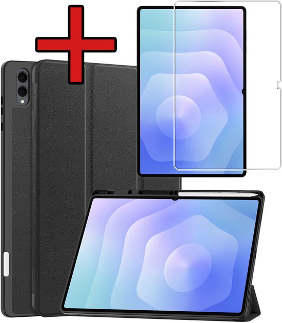 Hoesje - Geschikt voor Samsung Galaxy Tab S11 Ultra - Met Screenprotector - Trifold Bookcase Hoes - Hard Cover Case - Met Uitsparing Geschikt voor S Pen - Hardcover Book - Tablethoes - Zwart