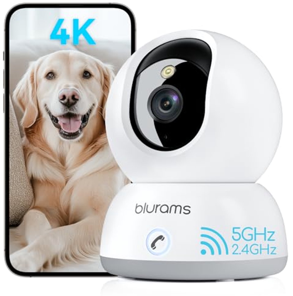 blurams 2K bewakingscamera voor binnen, 360° wifi-camera, 2,4 G/5 G, bewegingstracking, nachtzicht, huisdiercamera met 2-weg audio, compatibel met Alexa en Google (1 stuk, 4K)