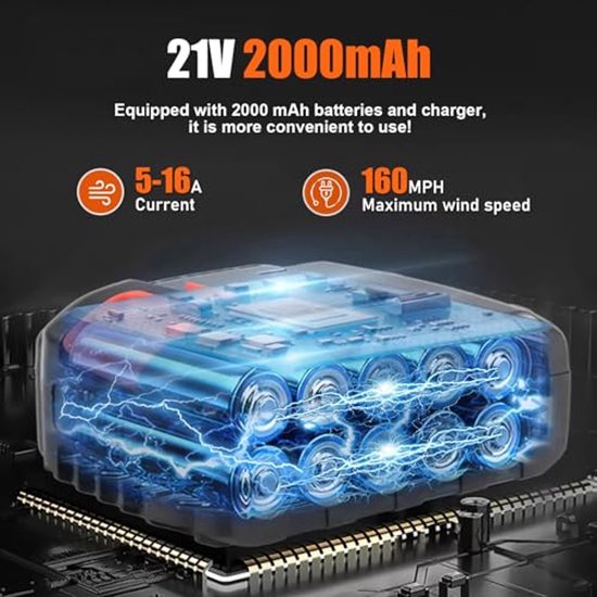 Fiauli Draadloze bladblazer, elektrische accu-bladblazer met 2 accu's en oplader, 3 snelheidsmodi, draaibare handgreep, sproeiers, 21 V werkt op batterijen, voor gazonverzorging, terras, EU — afbeelding 2