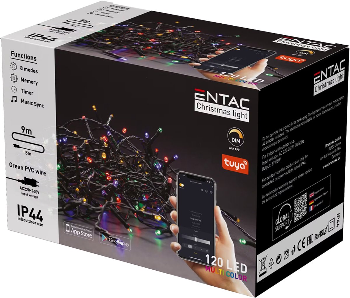 Entac Smart LED Lichtsnoer Kerst 9m - Bestuurbaar met App - Dimbaar - Kerstverlichting voor Buiten en Binnen - Gekleurd Licht RGB