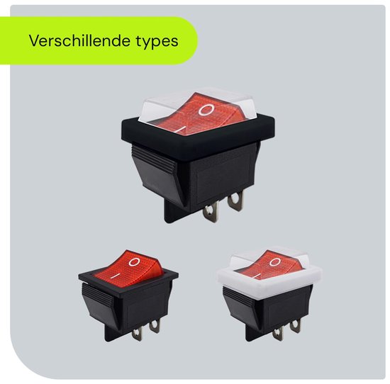 Drie rode tuimelschakelaars met transparant kapje op grijze achtergrond.