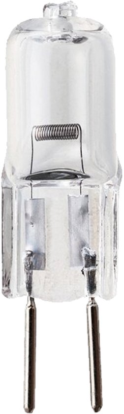 Heldere halogeenlamp met G6.35 fitting en zichtbaar gloeidraad.