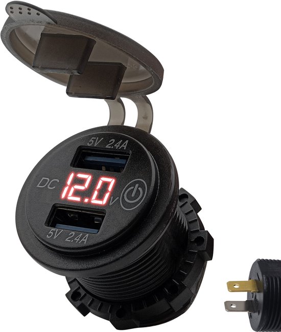 ProRide 12V USB Autolader 2 Poorten Inbouw met Schakelaar en Voltmeter + Aansluitkabel - 5V/2.4A - USB Stopcontact Auto, Boot en Camper - Rood