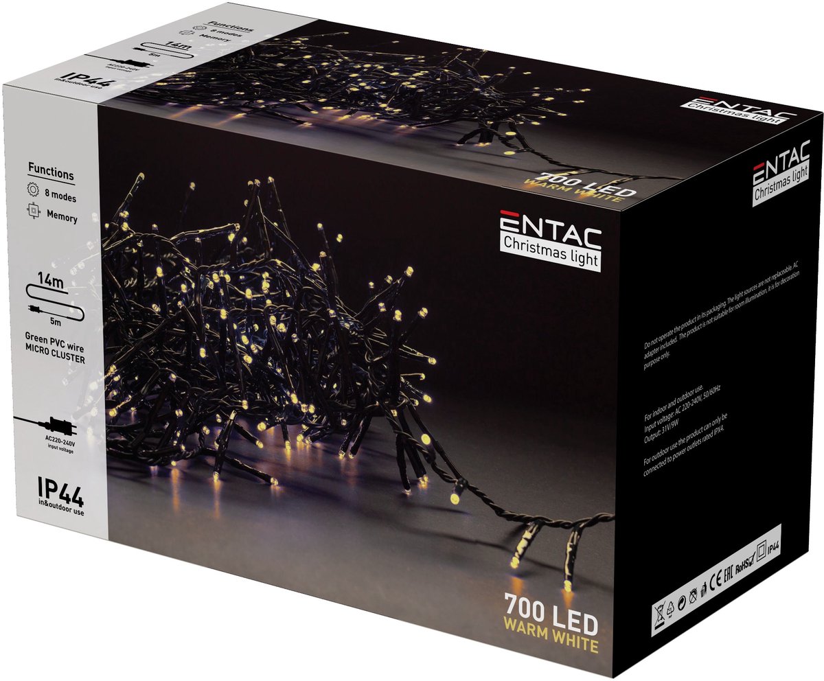 Entac Kerst Micro Cluster Lichtsnoer 14m - Kerstverlichting Buiten en Binnen - 700 LED Lampjes - Warm Wit