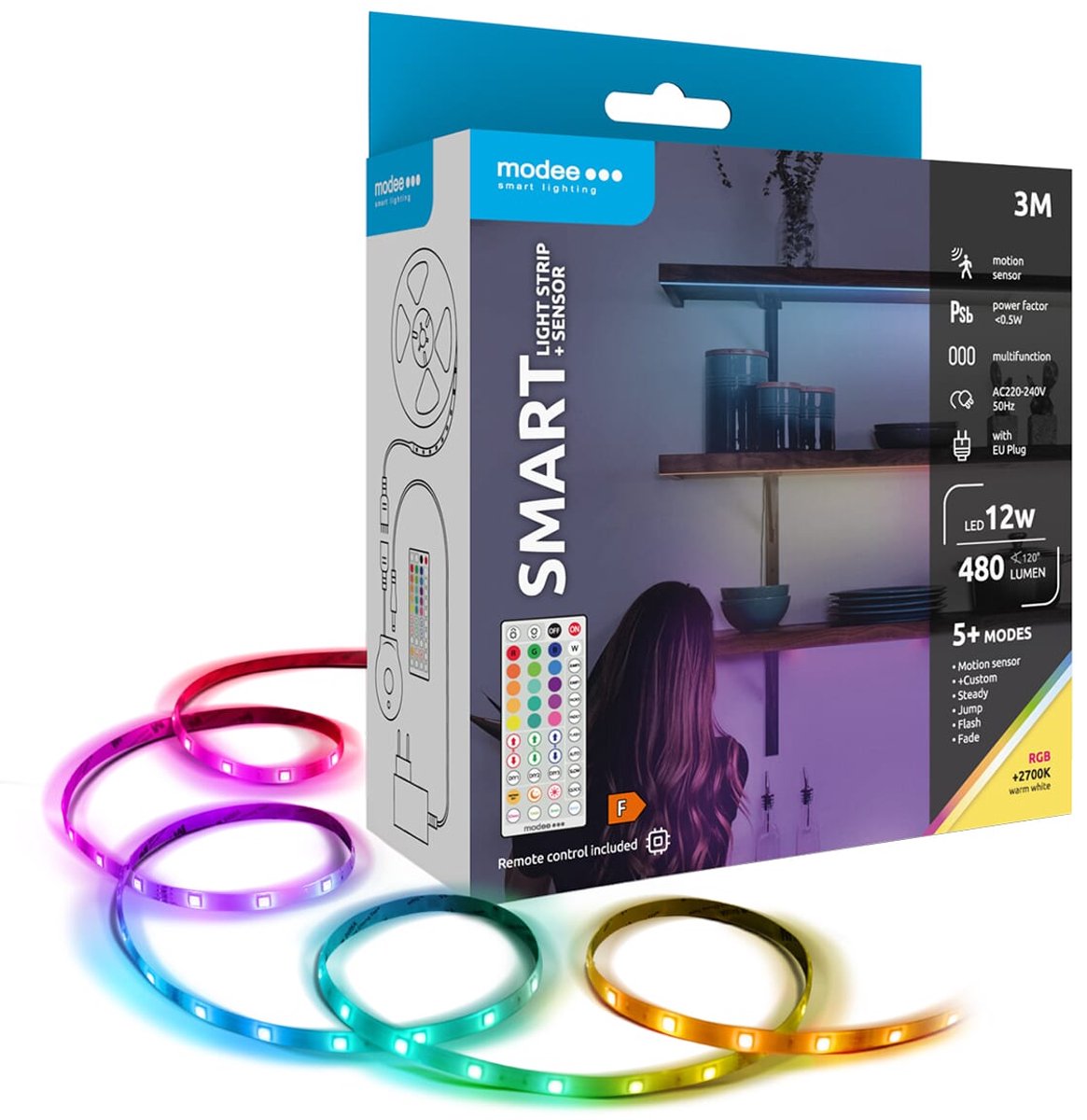 Modee Smart LED Strip met Afstandsbediening en Bewegingssensor 3 Meter - 12W - Lichtstrip Zelfklevend - RGB en Warm Wit - 3 Stuks