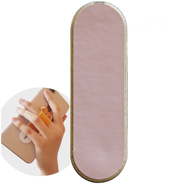 Lichtroze, vegan lederen telefoonring met een gouden rand en een schattige kattenhanger.