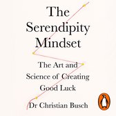 De kaft van het boek 'The Serendipity Mindset' met rode draad en gele stippen, en de tekst 'The Serendipity Mindset: The Art and Science of Creating Good Luck' door Dr. Christian Busch.