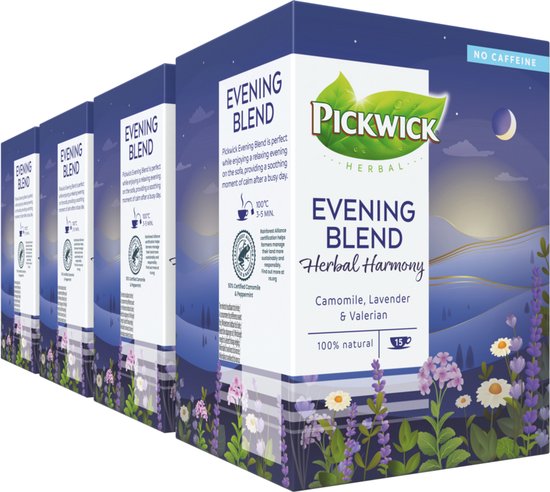 Rangée d'emballages de thé Pickwick Evening Blend avec un paysage nocturne et une image de fleurs.