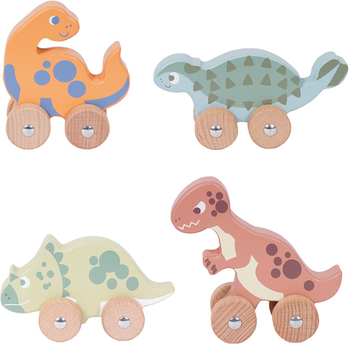 Speelgoedtopdeals - Houten Speelgoed Dino op wielen - 4 assorti