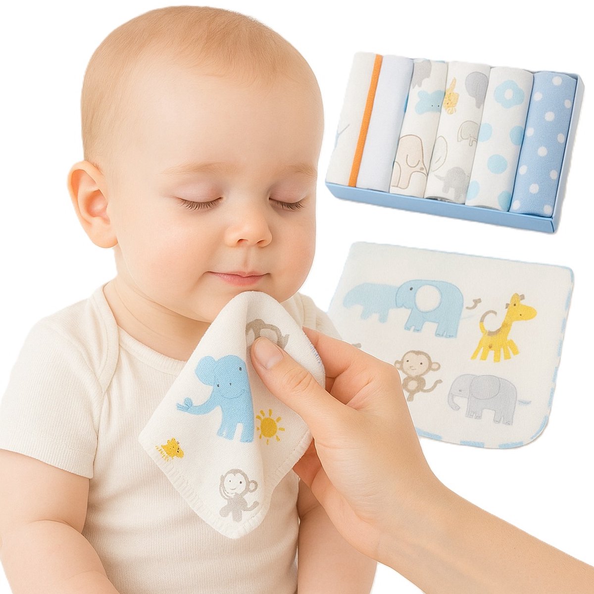 Image of 8 stuks baby washandjes – 21×21 cm – Extra zacht & absorberend – Blauw aapje design – >95% katoen – Machinewasbaar – Perfect kraamcadeau – Voor pasgeborenen & baby’s