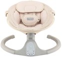 Beige babyschommel met zachte bekleding, hoofdsteun, riemen en een digitaal bedieningspaneel.