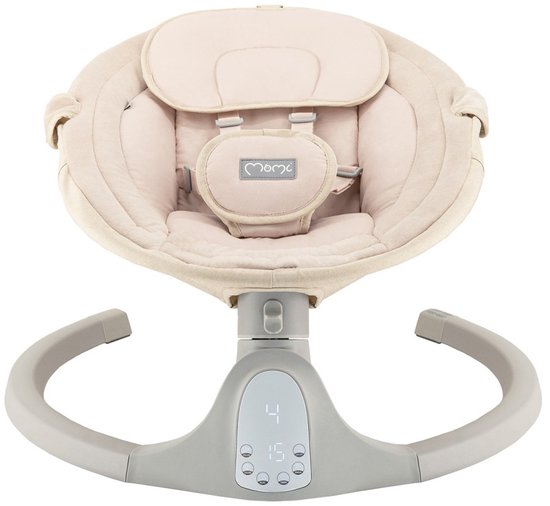 Beige babyschommel met zachte bekleding, hoofdsteun, riemen en een digitaal bedieningspaneel.