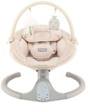 Beige babyschommel met grijze basis en digitaal bedieningspaneel met snelheidsaanduiding.