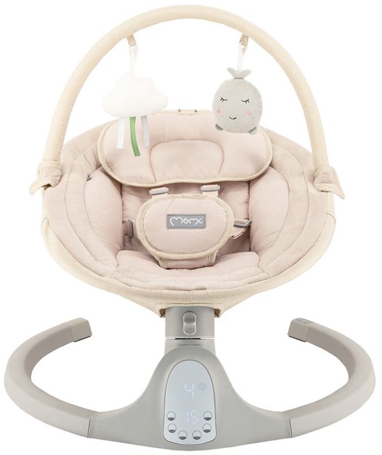 Beige babyschommel met grijze basis en digitaal bedieningspaneel met snelheidsaanduiding.