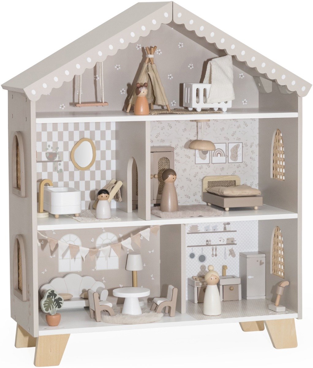 Label Label Houten Poppenhuis - Nougat - Inclusief Meerdere Speelkamers en Rollenspel - Stimuleert Fantasie en Creativiteit - Vanaf 3 Jaar