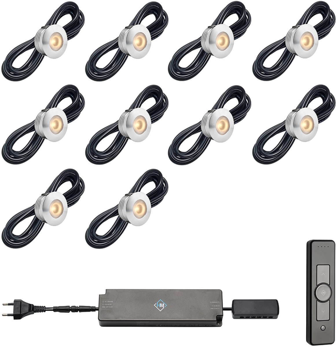 LED veranda inbouwspots Aragon ab inclusief trafo en afstandsbediening - 3W / dimbaar / inbouwspot / terrasoverkapping / overkapping / serre / carport / warm wit / rond / 230V / IP44 / set van 10 stuks