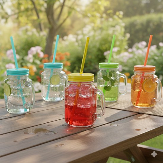 8x stuks Glazen Mason Jar drinkbekers gele dop en rietje 500 ml - afsluitbaar/niet lekken/fruit shakes van Mason Jar — afbeelding 2