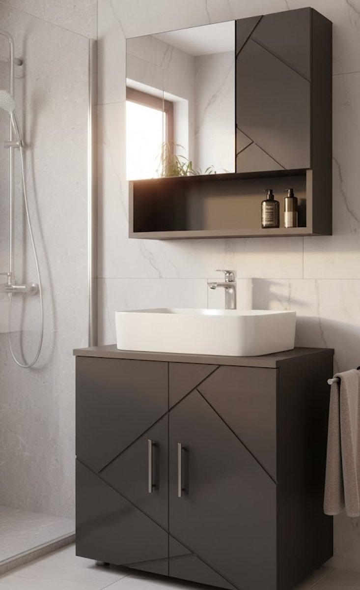 Luxe Badkamermeubelset “Irma Deluxe” – 2-Delige Set met Spiegelkast & Wasbakmeubel – Antraciet Hoogglans – Moderne Rechthoekige Badkamerkast – 60 cm Onderkast – Inclusief Montagemateriaal