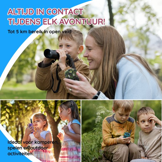 Collage van een gezin dat geniet van buitenactiviteiten. Een jongen met verrekijker, twee meisjes met walkie-talkies, twee jongens in het bos.