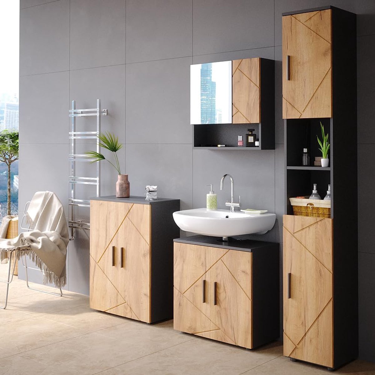 Luxe Hoge Badkamerkast “Irma Deluxe” – Moderne Hoge Kast met Deuren & Open Vakken – Grijs – 30x30x192 cm – Opbergruimte voor Badkamer, Toilet & Woonruimte – Stijlvol, Duurzaam & Krasbestendig Design