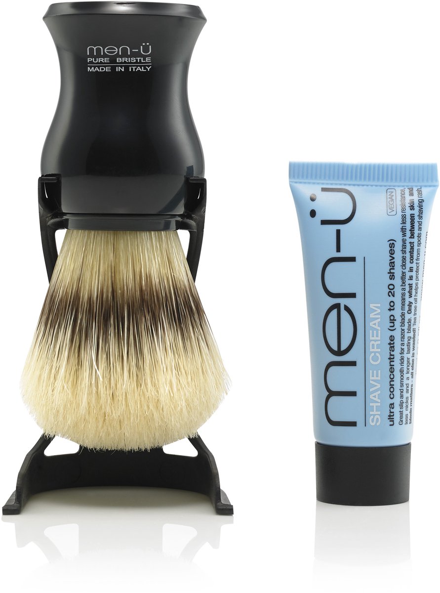 Men-U Scheerkwast  Barbiere Pure Bristle - Zwart + Standaard + Scheercrème