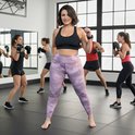 Vrouw met roze tie-dye legging en zwarte sportbeha in een fitnessstudio, met bokstrainers op de achtergrond.